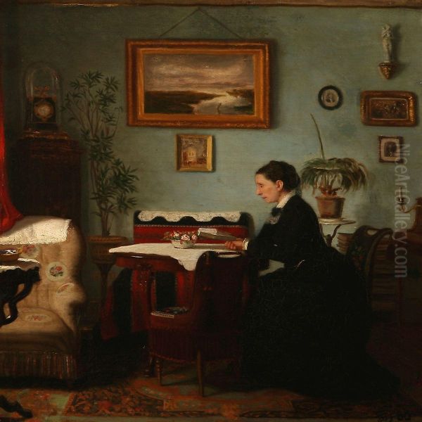 Interior With A Reading Woman Oil Painting by Jens Jorgen Jensen-Egeberg