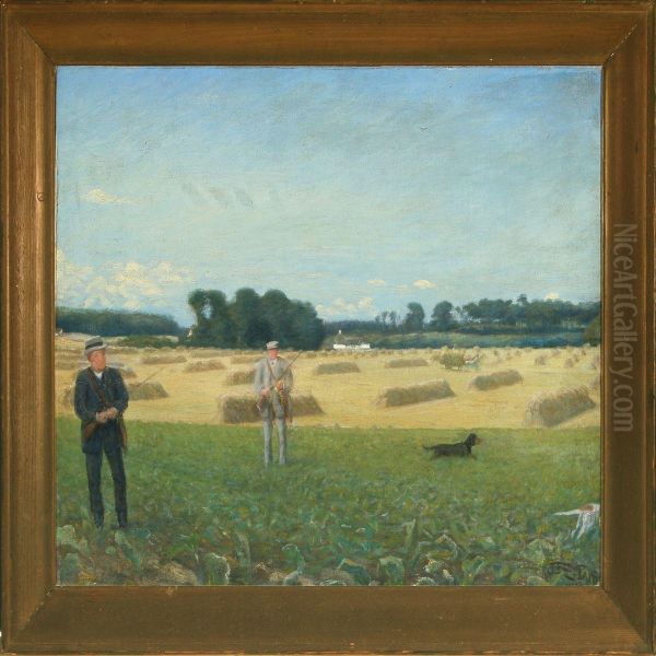 Harvest With Hunters Oil Painting by Jens Jorgen Jensen-Egeberg