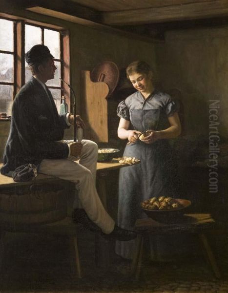 Flirt Im Kuchen-interieur Oil Painting by Jens Jorgen Jensen-Egeberg