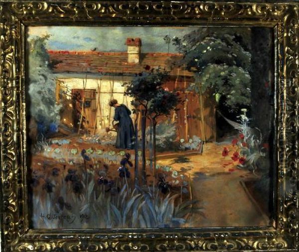 Frau Giest Die Blumen In Ihrem Kleinen Garten Hinter Dem Gerateschuppen Oil Painting by Hans Gabriel Jentzsch