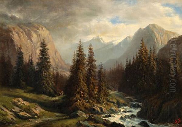 Gebirgslandschaft Mit Wildbach Oil Painting by Jules Jequier