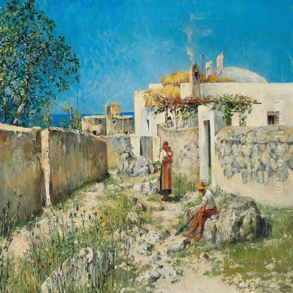 Young Couple With Their Child Outside A House, Presumably Capri Oil Painting by Holger Hvitfeldt Jerichau