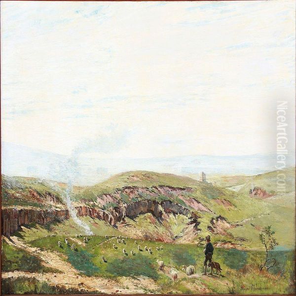 Landscape With A Shepherd And His Cattle Oil Painting by Holger Hvitfeldt Jerichau