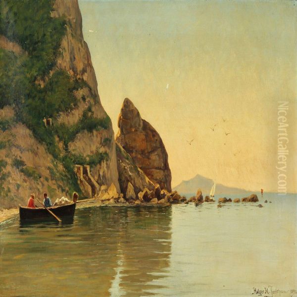 Fishermen In A Small Boat At The Rocks Oil Painting by Holger Hvitfeldt Jerichau