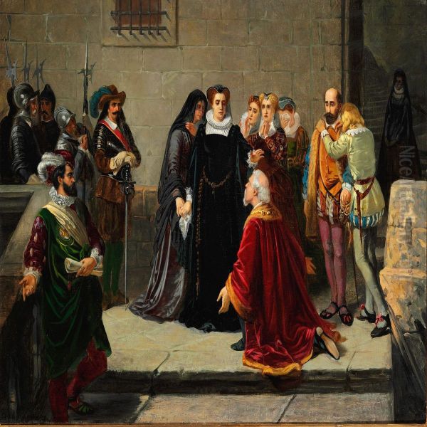 Historical Scene With Mary Queen Of Scots And A Kneeling Nobleman Oil Painting by August Jernberg