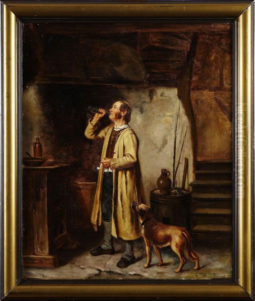 Koksinterior Med Man Och Hund Oil Painting by August Jernberg