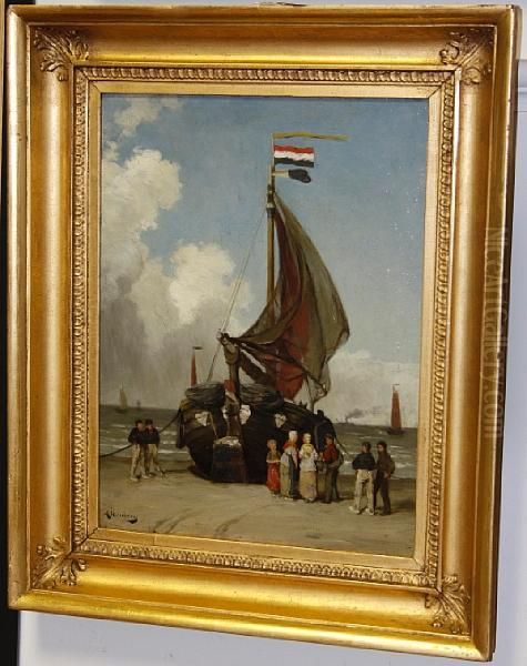 Figures By A Beached Fishing Boat Oil Painting by August Jernberg