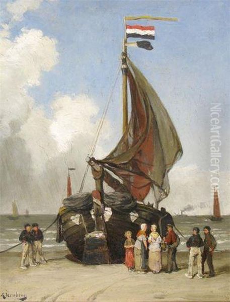 Figures By A Fishing Boat On The Shore Oil Painting by August Jernberg