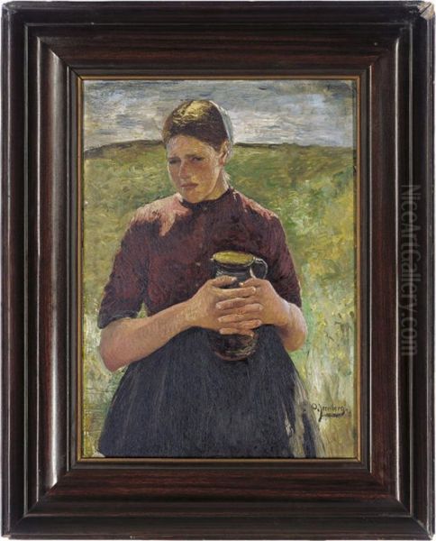 Portrait Of A Girl, Half-length, In A Field Holding A Jug Oil Painting by August Jernberg