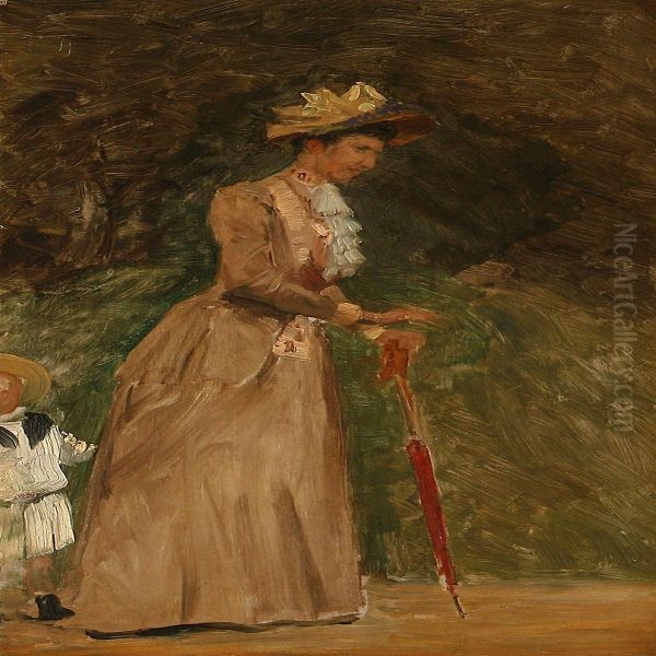 Kronprinsesse Louise Med Prins Gustav I Slotsparken Oil Painting by August Andreas Jerndorff