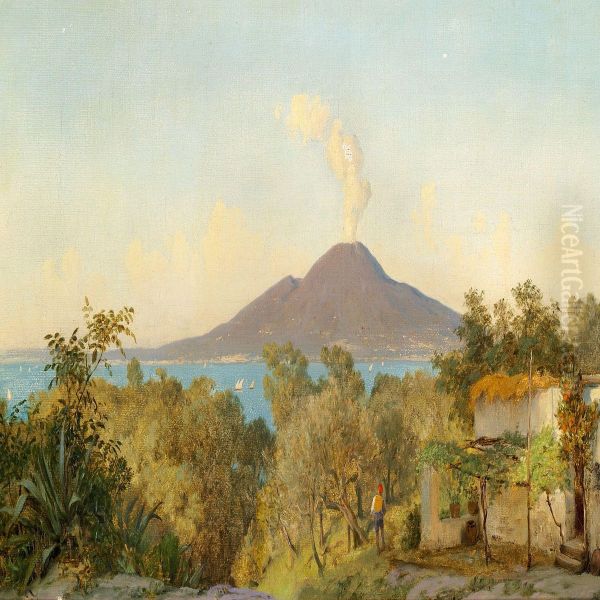 View Of Mount Vesuvius And The Gulf Of Naples Oil Painting by August Andreas Jerndorff