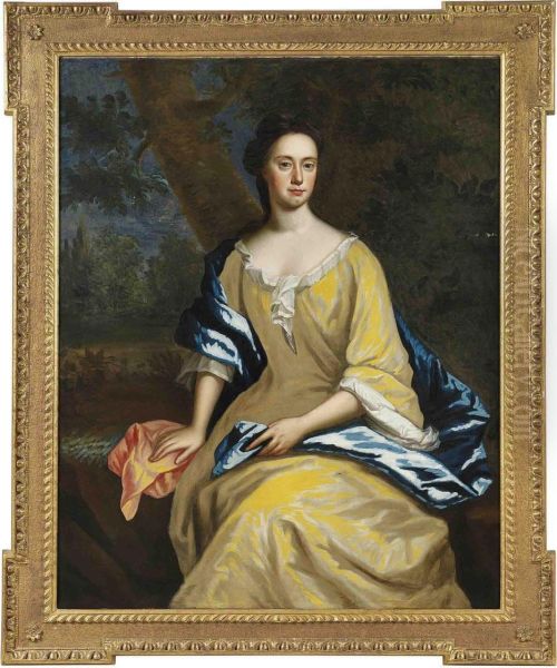 Portrait Of A Lady, Three-quarter-length, In A Yellow Dress And Blue Wrap, In A Landscape Oil Painting by Charles Jervas