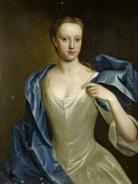 Portrait Of A Young Lady, Three-quarter-length, In A White Silk Dress And A Blue Shawl Oil Painting by Charles Jervas