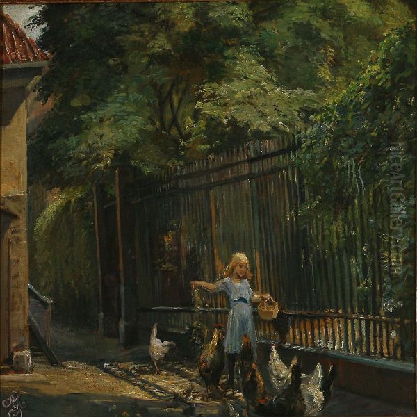 A Girlfeeding Chickens Oil Painting by Anne Marie Jespersen