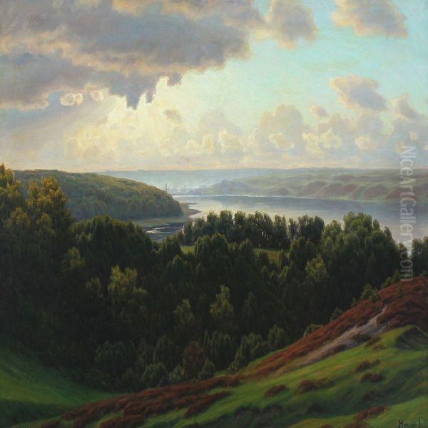 View Of Vejle Fiord In The Evening Sun Oil Painting by Henrik Gamst Jespersen