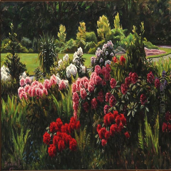 Park With Blooming Rhododendron Oil Painting by Henrik Gamst Jespersen