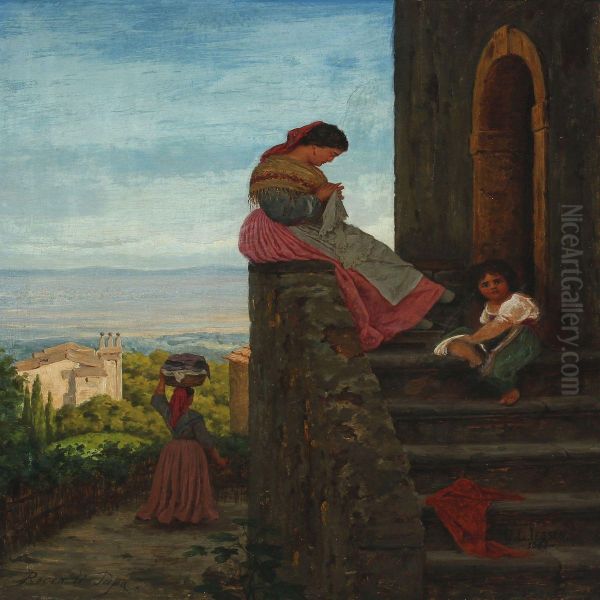 Scenery From Rocca Di Papa Of Young Italian Woman On Stairs Oil Painting by Carl Ludwig Jessen