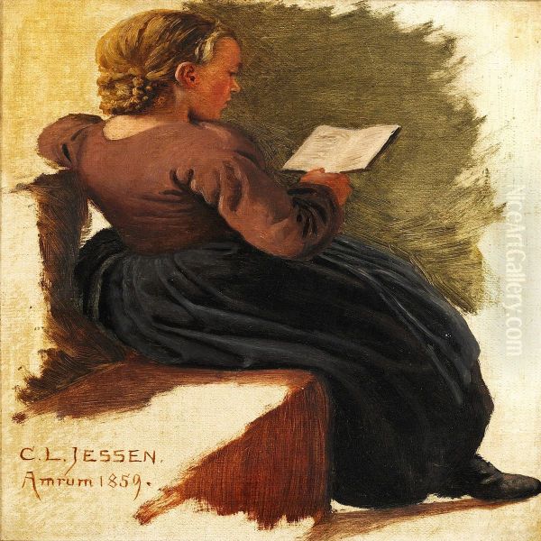 Girl Reading Oil Painting by Carl Ludwig Jessen