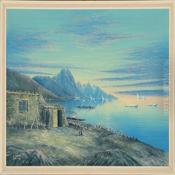 Costal Scene From Greenlandat Sunset Oil Painting by Jes Jessen