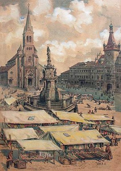 Market In Wilson Square In Kladno Oil Painting by Alois Jezek