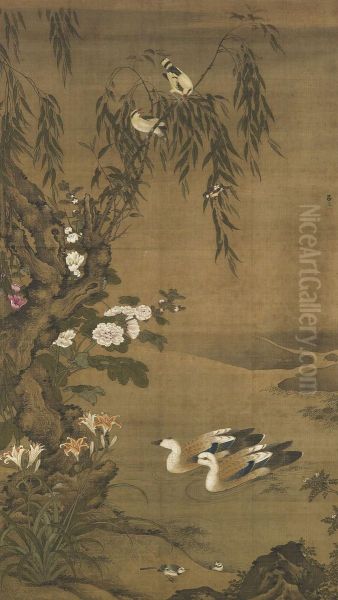 Birds And Flowers Oil Painting by Lu Ji