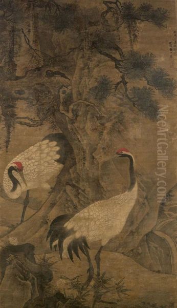 Cranes And Pine Oil Painting by Lu Ji