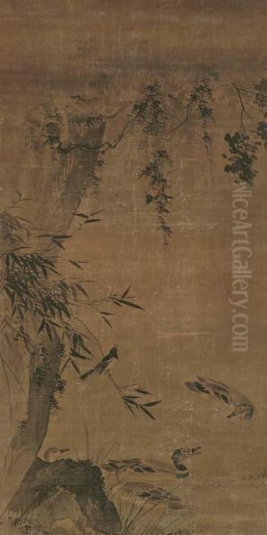 Birds In A Bamboo Grove Oil Painting by Lu Ji