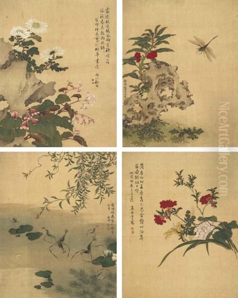 Flowers, Birds, Insects, And Rock Oil Painting by Xu Ji