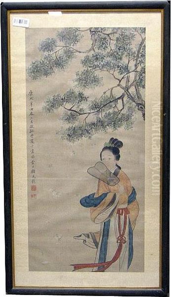 Framed And Glazed, Ink And Color On Silk; Depicting A Lady With A Fan Standing Beneath A Tree Oil Painting by Gu Jianlong