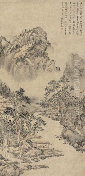 Pavilion By Bamboo And Stream After Huang Gongwang Oil Painting by Ju Jie