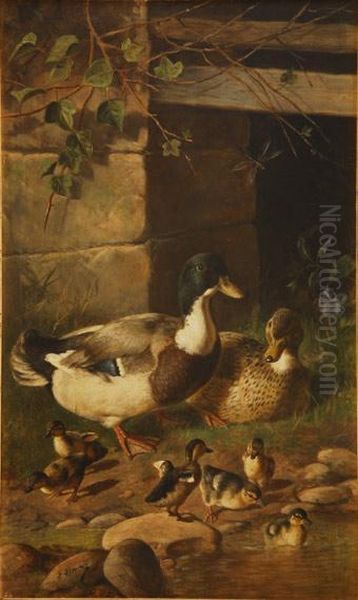 Patos Junto A Un Estanque. Oil Painting by Federico Jimenez Nicanor