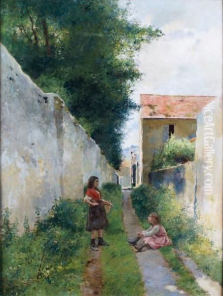 Les Fillettes A Pontoise Oil Painting by Luis Jimenez Y Aranda