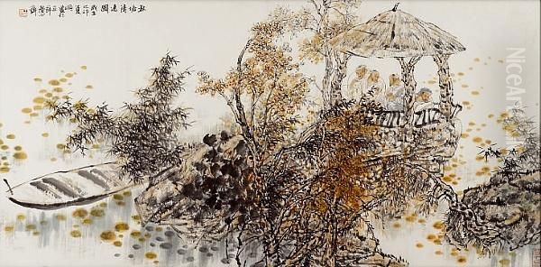 Leisure At Autumn Pond Oil Painting by Wang Jingming