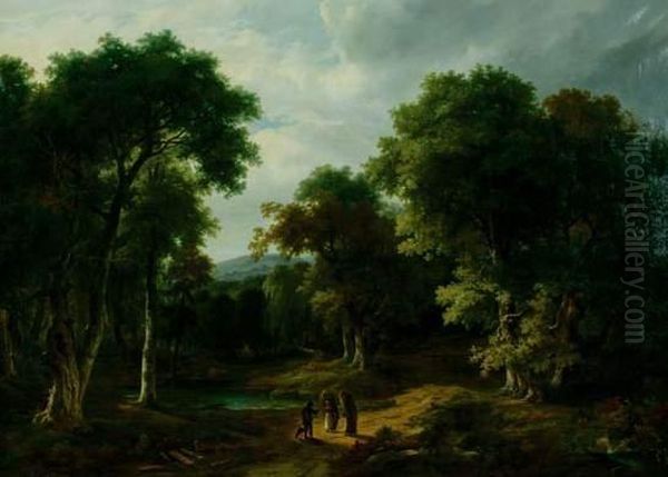 Paysage De Foret Anime De Deux Porteuses De Fagots Oil Painting by Georges Joannin