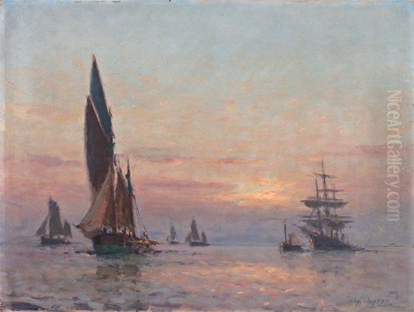 Rentree De Barque De Peche Au Soleil Couchant Peinture Sur Panneau Oil Painting by Paul C.F. Jobert