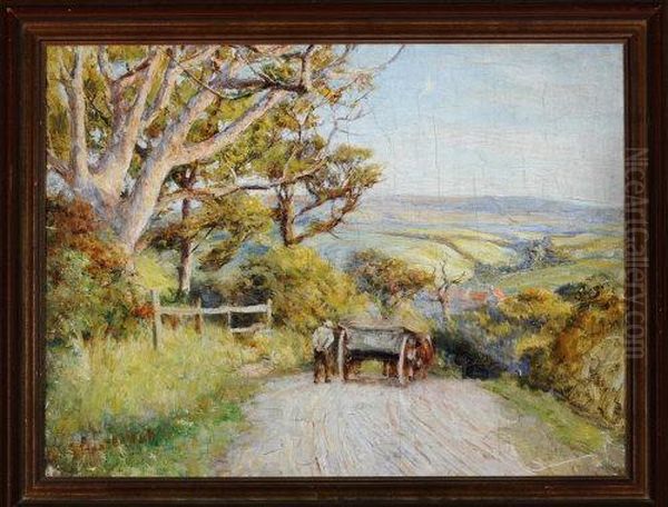 A View In The North Yorkshire Dales With A Farm Cart In The Foreground Oil Painting by Robert Jobling