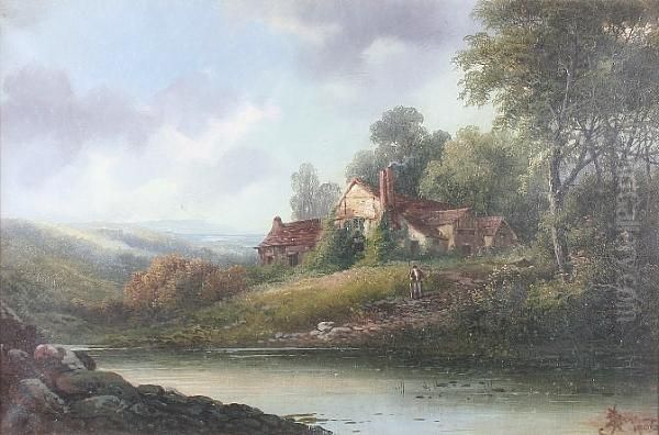 A River Landscape With Fisherman On A Path Before A Cottage Oil Painting by Henry Bates Joel