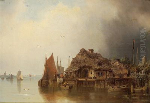 Red Roofed House On The Water Oil Painting by Heinrich, Hermann Johann