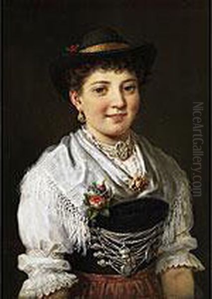 Portrait Eines Oberbayerischen Dirndls In Tracht Mit Mieder Und Silbergeschnure Oil Painting by Karl Hetz Johann