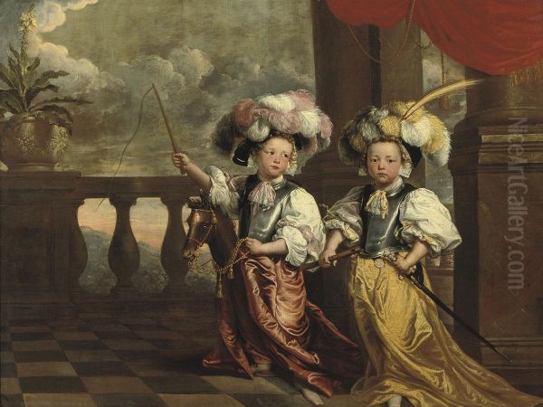 A Double Portrait Of Two Boys, Full-length, Dressed As Knights, One Holding A Flute, The Other On A Hobby-horse Holding A Whip, Both Standing On A Balcony Oil Painting by Vergouwen Johanna