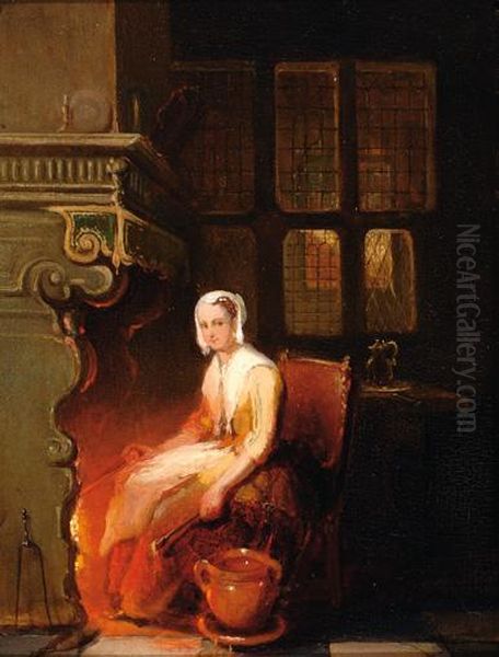 Interior With Woman By Afire Oil Painting by Antoine Balthasar Stroebel Johannes