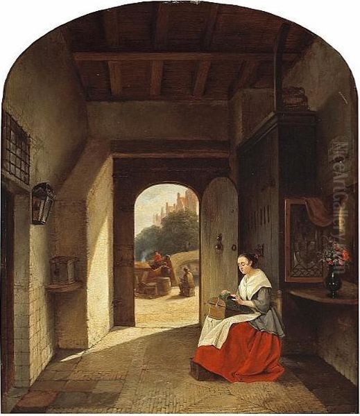 An Interior With A Woman Seated By An Open Door Oil Painting by Antoine Balthasar Stroebel Johannes