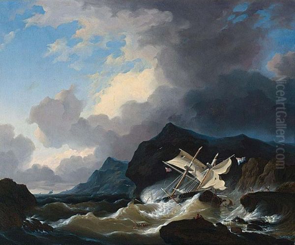 Sailingvessel In Distress Oil Painting by Johannes Ciprianus Ter Horst