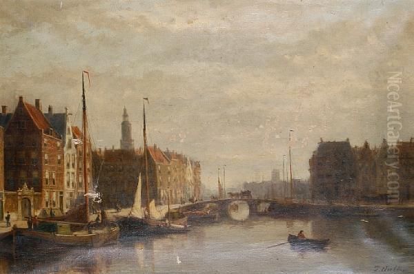 A Dutch Harbour Scene Oil Painting by Frederick Hulk Johannes