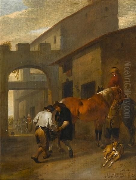 Horsemen And Their Dogs Resting In A Courtyard Oil Painting by Johannes Lingelbach & Hendrick Verschuring