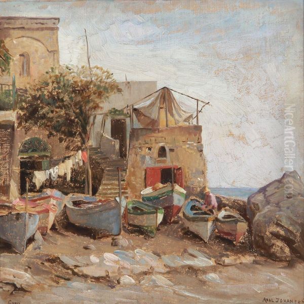 View Of Capri With Boats On The Beach Oil Painting by Axel Johansen