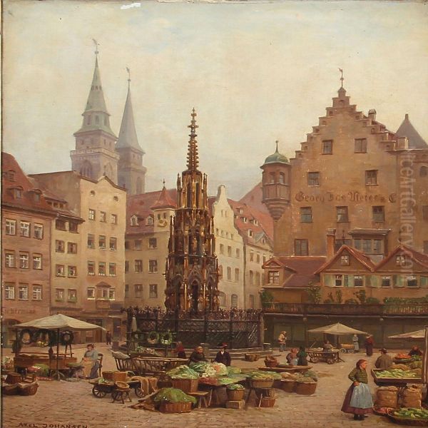 Schoner Brunnen On The Market Square In Nuremberg Oil Painting by Axel Johansen