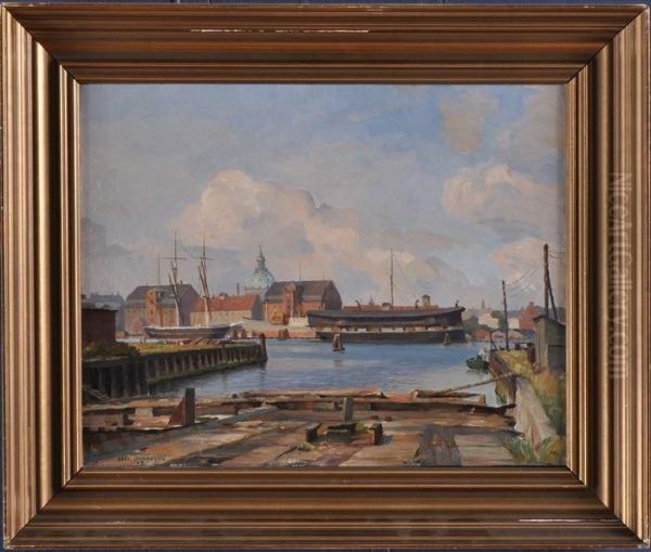 Harbor Scene Oil Painting by Axel Johansen