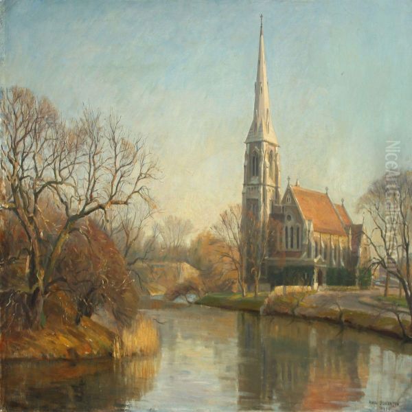 Landscape With A Church Oil Painting by Axel Johansen