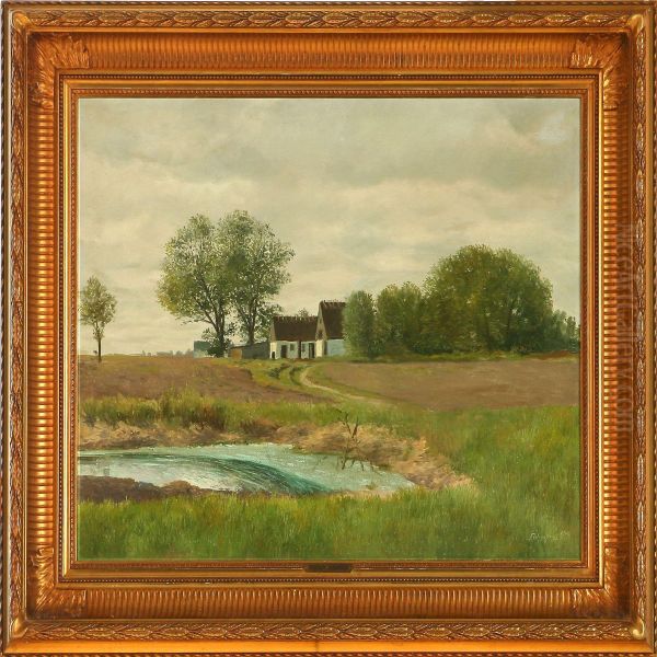 Landscape With A Farm Surrounded By Fields Oil Painting by Fridolin Johansen